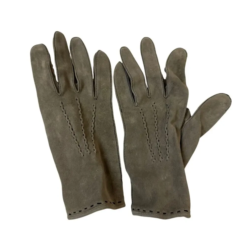 Vintage H&P Green Gray Suede Driving Gloves women's Ladies Soft Unlined